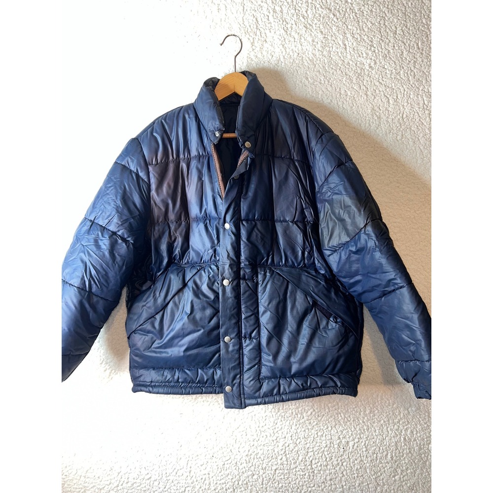 Vintage Sears Mens Sportswear Navy Blue Puffer Jacket Quilted Winter Coat 46 Reg
